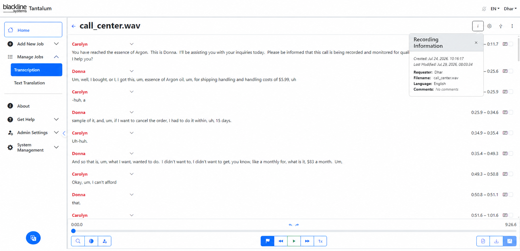 Tantalum transcription verification editor with synchronized audio and transcript text